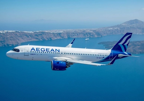 Aegean Airlines airplane flying over Greece