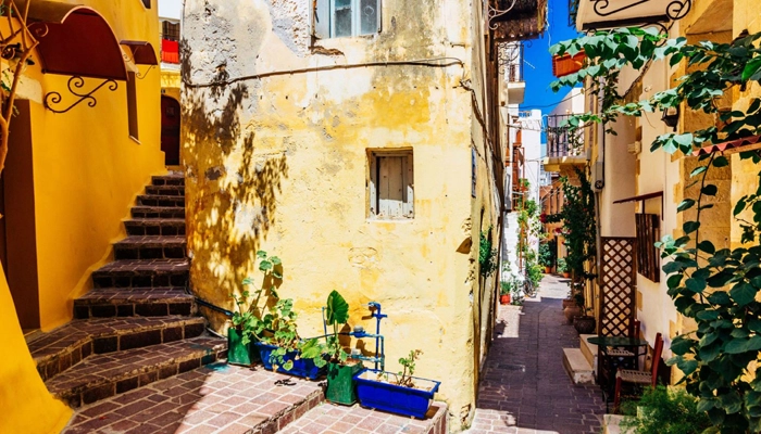 Colorful narrow street in Chania old town Crete