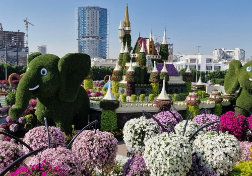 Dubai Miracle Garden floral castle and elephant sculptures