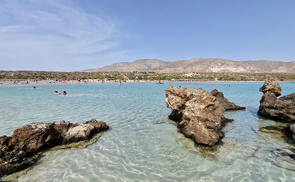 Rocky beach view at Elafonissi Beach Crete with turquoise water