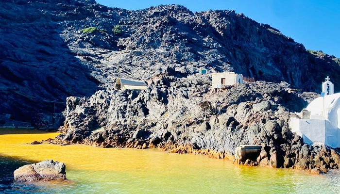 Chapel at Santorini hot springs Palea Kameni during day trip from Crete